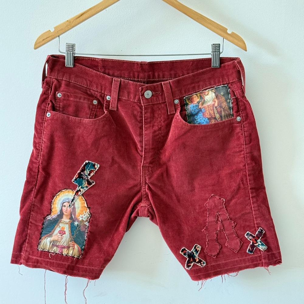Red Corduroy Shorts with a unique patches touch